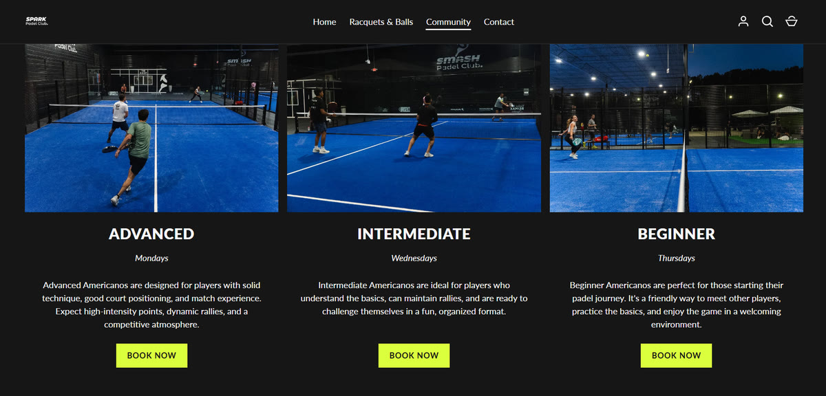 Spark Padel Club website, screen 2 of 5